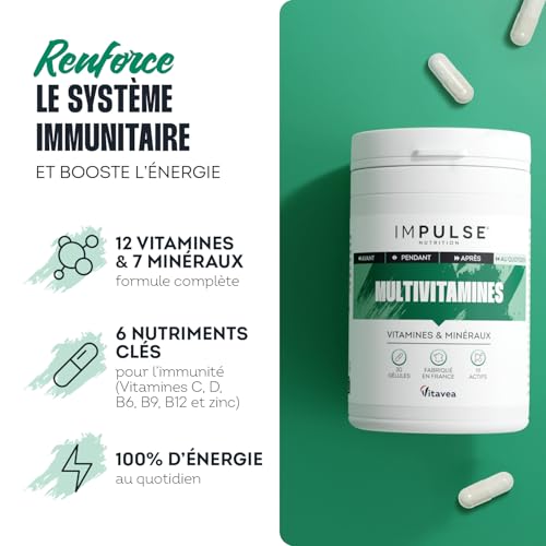 Multivitamines Impulse Nutrition - Energie, Immunité & Vitalité - Vitamines C, D, B12, B6 - Complément Alimentaire 12 Vi