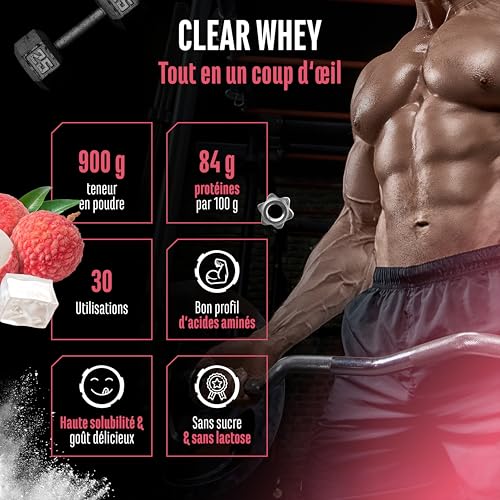 Isolat de protéines Clear Whey Isolat de protéine fruitée et rafraîchissante pour athlètes (900 g, litchi)