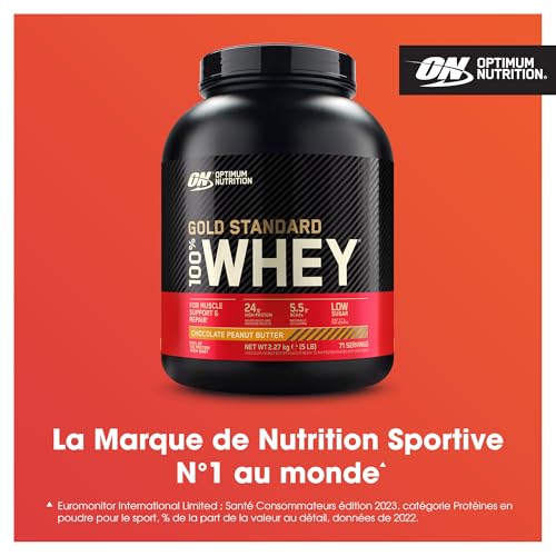 Optimum Nutrition Gold Standard 100% Whey, Protéine, Goût Chocolat et Beurre de Cacahuètes, Idéal pour Athlètes, Avant e