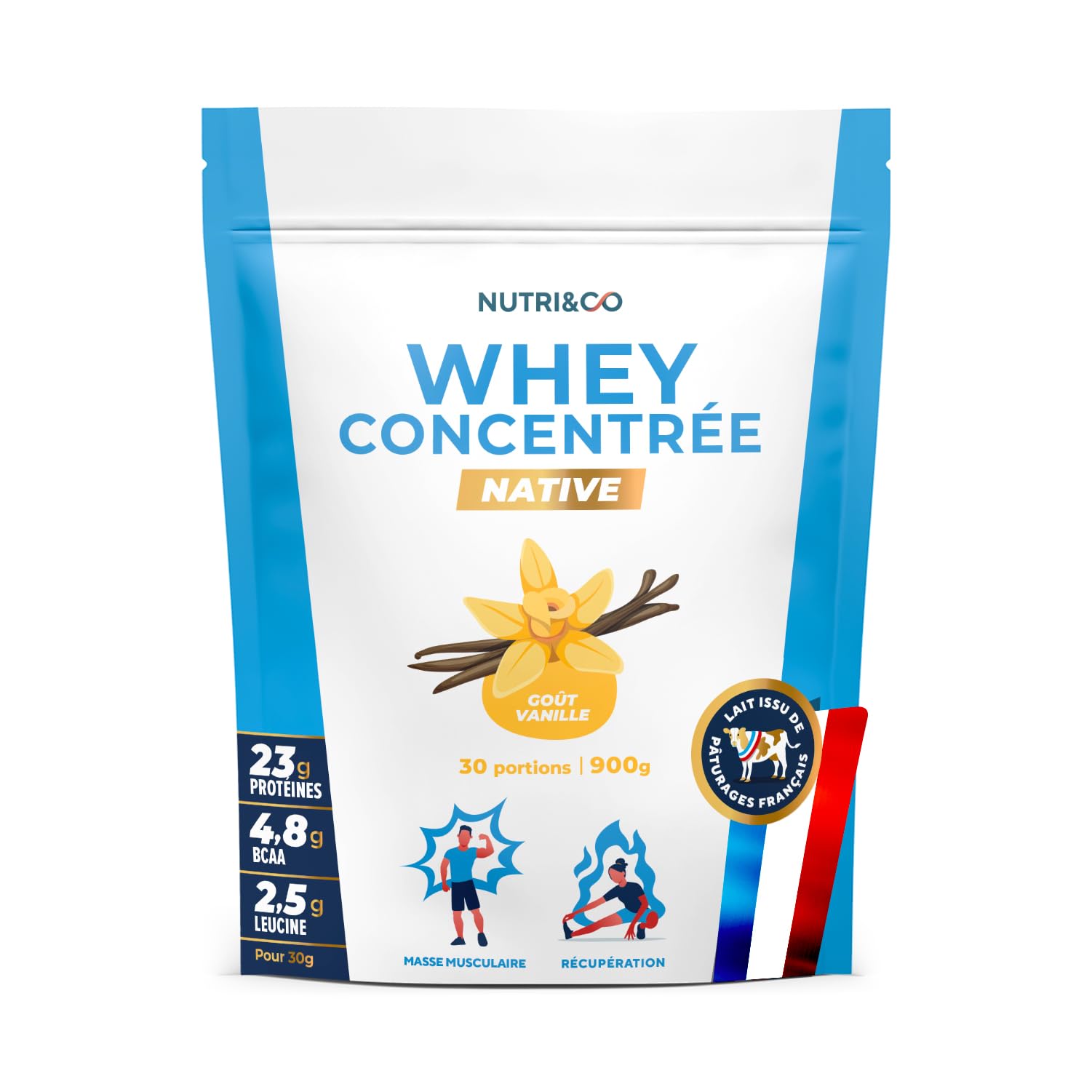 NUTRI & CO Whey Concentrate Native 900g 30 portions goût Vanille - Protéines Pures Français Low Lactose - Riche en BCAA 